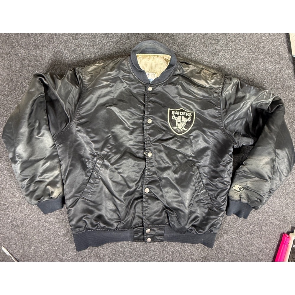 VTG 80s Oakland Raiders Starter NFL Pro Line Black Satin Bomber Jacket‎ Large